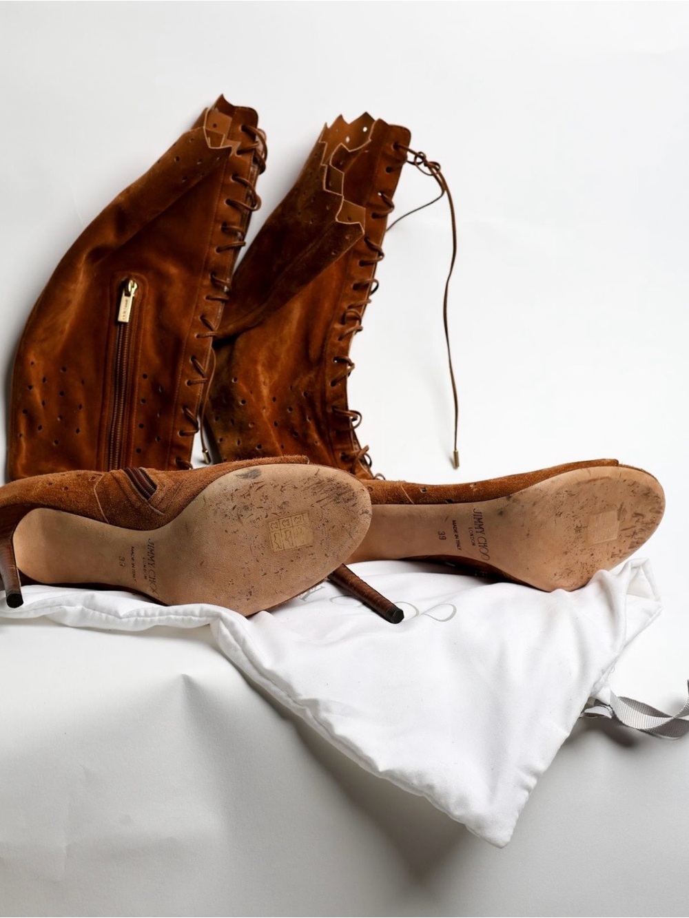 Jimmy Choo Tan Suede Lace-Up Peep-Toe Boots - Picture 5 of 5